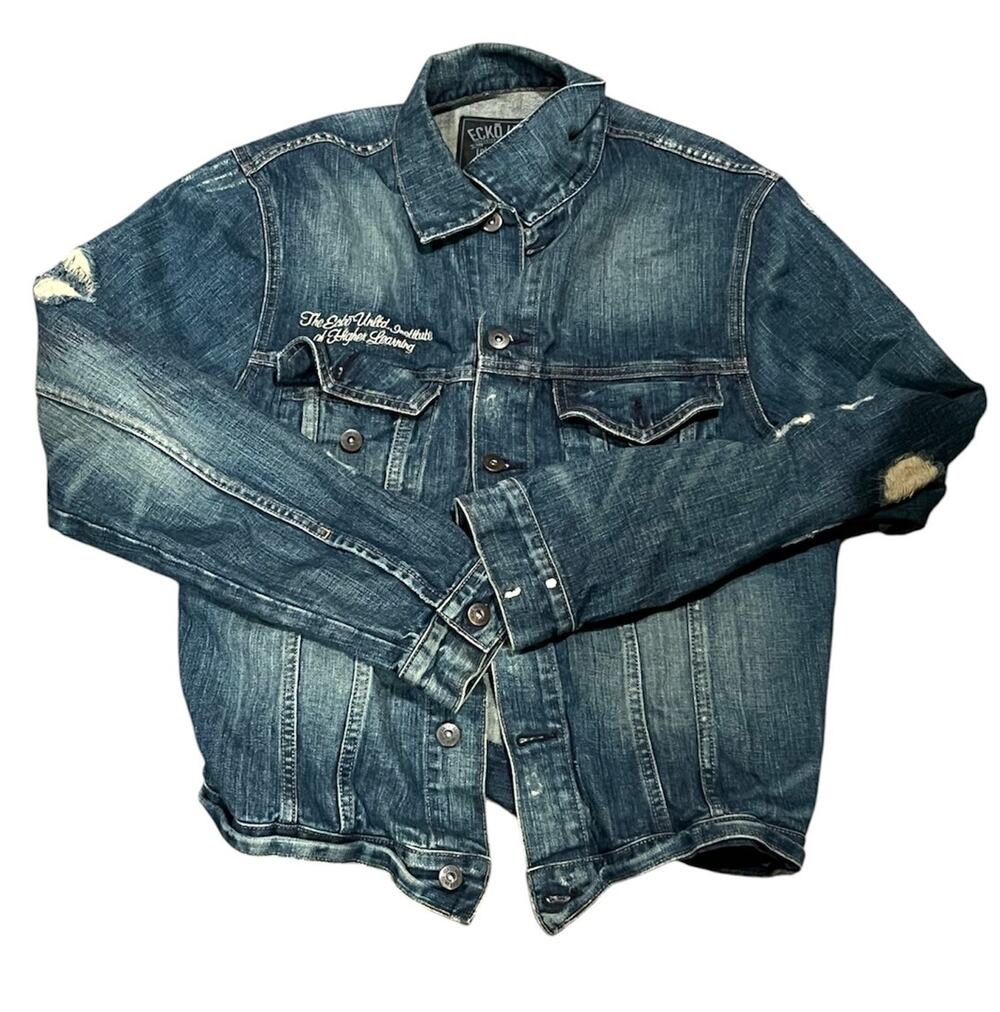 Ecko Unltd Vintage Y2K Weekend Warrior Denim Jacket Skull L Distress Streetwear